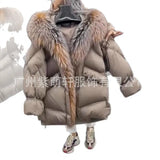 Fongt New High-End Fur Big Fox Wool Cotton Silver Fox Down Jacket Warm Hooded Coat Woman