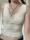 V Neck Lace Crop Tank Top-Outfit
