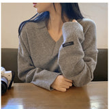 Dark Academia Solid Color V-Neck Pullover Sweater-Outfit