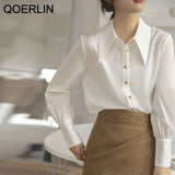 OL Stylish Satin White Shirt Elegant Formal Blouse Luxury Women Shirt Plus Size Full Sleeve Buttons Cuff Office
