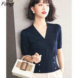Han Queen Cross V-Neck Short Sleeve Knit T-Shirt Simple Women Tops Loose Blouse Casual Female Clothing New Blouses 2022