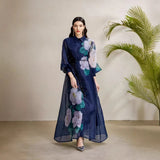 Fongt Court Dress Female Senior Sense Strap To The Waist Lantern Sleeve Print Single Buckle Mesh Elegant Dress