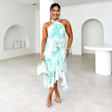 Fongt Spring/Summer New Print Sleeveless Elegance Elegance Open-Fork With Dress Woman