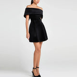 Velvet Off Shoulder Solid Mini Dress-Outfit