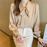 Silk Satin Loose Women's Blouse New Fashion Solid Bow Tie Shirt Casual Long Sleeve Autumn