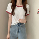 Fongt Color Round Collar Short-Sleeved T-Shirt Female 2024 New Summer Bottom Shirt Korean Version Slim Short Student Top