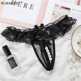 Women Pearl Crotch Open Lace Thong Slim Transparent Lingerie G-String Solid Color Girl Temptation Massage Underwear
