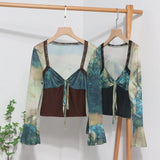 2023 Spring Dress French Court Style Lace With Lace Stitched Print Horn Long-Sleeved T-Shirt