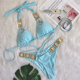 Fongt New Bikini Sexy Crystal Diamond Bandage Solid Color Split Women's Swimsuit