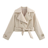 Fongt Autumn New Women's Double Buckle Belt Dress Short Wind Coat