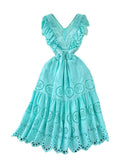 Temperament Flying Sleeve V Collar Waist Shows Thin A Word Big Pendulum Hollowed-Out Dress Seaside Holiday Long Skirt-Outfit