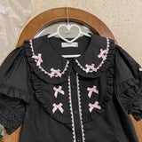 Kawaii Lolita Blouses Women Elegant Bow Ruffles Peter Pan Collar Shirts Tops Girly Casual Blusas Mujer Gothic Y2k Clothes-Outfit