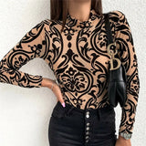 Floral Sexy fashion women Tee top Pullover Long sleeve High neck Club Casual style Fall clothes Turtleneck Slim