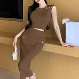 Fongt New Sleeveless Nails Clad High-Waist Temperament Famous Half-Dress Knitted Set Two Sets