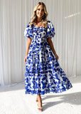 Fongt Spring And Summer Temperament Elegant Print Shoulder Bubble Sleeve Fashion Dress