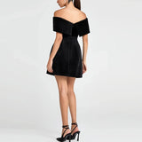 Velvet Off Shoulder Solid Mini Dress-Outfit