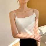 Silk Acetate Beading Solid Halter Top Pearl Spaghetti Camis Backless Elegant Fashion Office Lady Women's Tank