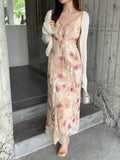 Fongt Xixi 2025 Summer New Korean Version Of High-Waisted Holiday Sling Dress V-Neck Print Pure Desire Skirt 88253