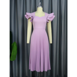 Advanced Casual Light Purple Square Neck Dress Elegant Temperament Casual Commuter Pleated Dress-Outfit