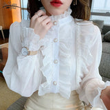 Ruffle Lace Chiffon Shirt Elegant Sweet Chic Long Puff Sleeve Women Blouse Apricot Tops Stand Collar Clothes Blusas