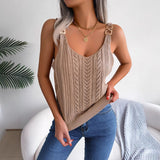 Spring And Summer Leisure Metal Buckle V-Neck Hollow Top Holiday Knitwear Women's