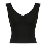 Trend Sweet And Spicy Style Small Sexy V-Collar Bow Splicing Color Slimming Vest T-Shirt 2024 Spring / Summer New Style-Outfit