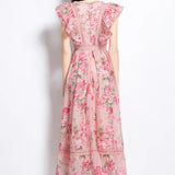 Fongt Elegant Dress 2025 New Retro Lace To Receive Waist Temperament Print Lotus Leaf Side Long Dress Woman