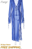 Through Women's Summer Mesh Dress for Beach V Neck Long Sleeve Transparent Maxi Dresses for Women Beachwear Pink