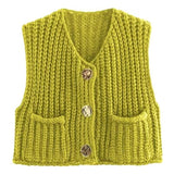 Fongt 2025 Spring And Autumn 2025 New Women's Pocket Sleeveless Short Knitted Cardigan Vest