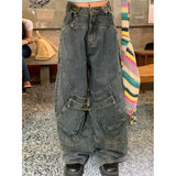Washed Irregular Pocket Splice Cargo Jeans-Outfit