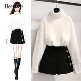 Winter white turtleneck thick warm sweater and shorts two piece set korean clothing set women knitted suits outfit