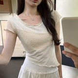 Minority Design Temperament Texture Fabric Spliced Shoulder Short-Sleeved T-Shirt Women's Summer 2024 New