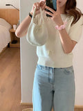 Style Three-Dimensional Bow-Tie Short-Sleeved Sweater Women's 2024 Spring New Sweet Jacket Short-Style Knitted Blouse-Outfit