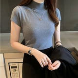 Knitted T-shirts Turnelneck Tees Plain Solid Knitted Short Sleeve Casual O-neck T-Shirts For Women 2020