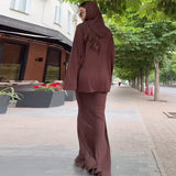 Fongt New Women's Long-Sleeved Casual Solid-Colored Loose Long Dress Comfortable Set