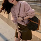Twist Sweater Women's Winter Korean Gentle Blouse Long Sleeves Loose Thin Round Neck Pullover Knitted Bottom Sweater-Outfit