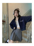 Harajuku Y2K Letter Zip Up Hoodies Women Korean Style Hippie Gray Cropped Sweatshirts Oversize Kpop Long Sleeve
