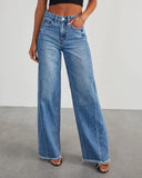 Fongt Women's New Products Loose Broad Legs Side Seam Stitching Side Hem Jeans Women 32150