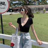 Fongt T-Shirt Female 2024 Summer New Deep V Collar Outside Wear Low Chest Korean Version Slim Crop Short Style Student Top
