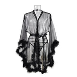 See Through Lace Feather Robe Nightgown For Women Deep-V Cardigan Horn Sleeve Lingerie Night Wear Bathrobes