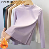 T-shirts Women's Fall Winter Slim Thick Basic Tops Korean New Half Turtleneck Camisetas Tee Long Sleeve Bottomed T