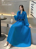 Fongt Autumn Station Temperament Retro Lotus Leaf Side Bubble Long Sleeve V Collar Thin A Word To Close The Waist 100-Fold Dress