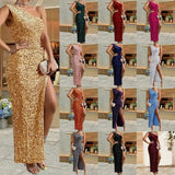 Fongt Women's Fashion 2025 Fashion Sexy Sequin Single-Sleeveless Forked Solid Color