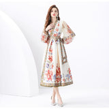 Fongt Style Retro Print Temperament Dress Female Long Sleeves With Thin Belt V-Neck Dress Long Dress