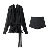Fongt Folding Ribbon Design Loose Waist Mini Dress Shorts Set 2025 Spring And Summer Street Fashion Woman