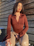 Basic Button Orange Bodysuits Female Autumn Long Sleeve Turn Down Collar Slim Casual Fitness Overalls For Women
