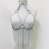 Faux Leather Hollow Out Crop Top Women Link Chain Long Tassel Tank Tops Stage Performance Costume Party Rave Festival