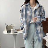 Vintage Oversized Plaid Long Sleeve Blouse-Outfit