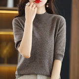 Fongt And Summer Loose And Versatile Wool Knit Short Sleeve Women Plus-Size Round-Neck Solid Color Bottom Knit T-Shirt Thin-Outfit
