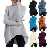 Fongt Winter Women Irregular Hem High Collar Jumper Long Sleeve Knit Sweater